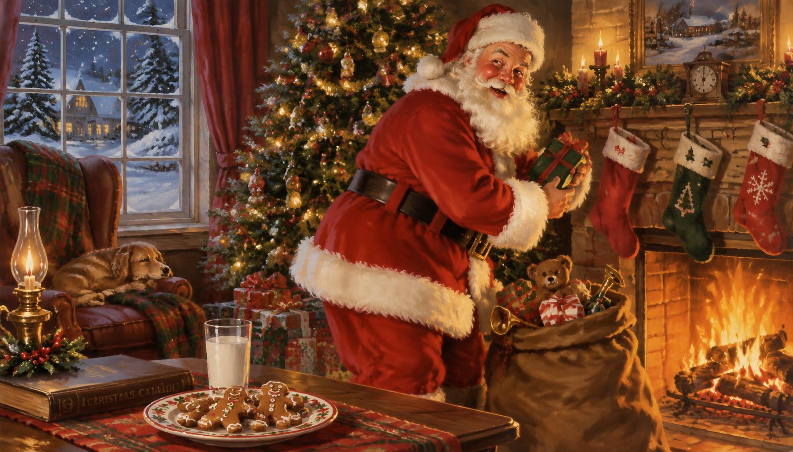 Santa Claus by a glowing fireplace with stockings and a decorated tree